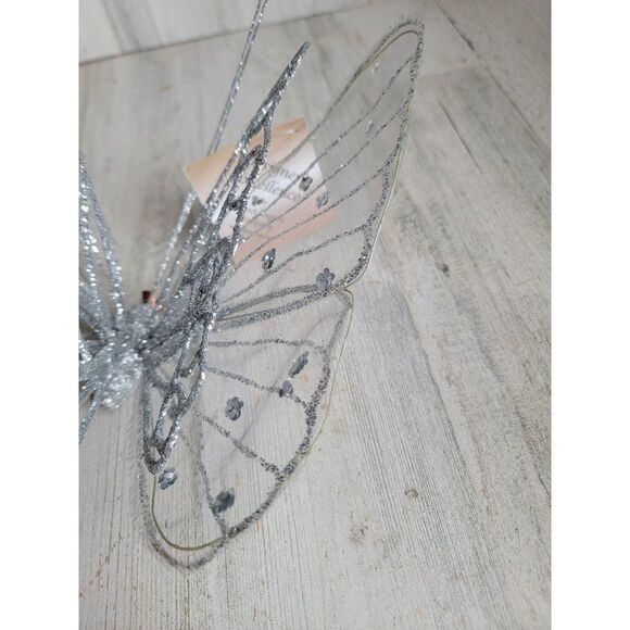 Large silver glitter butterfly clip-on ornament Xmas spring - Picture 4 of 10